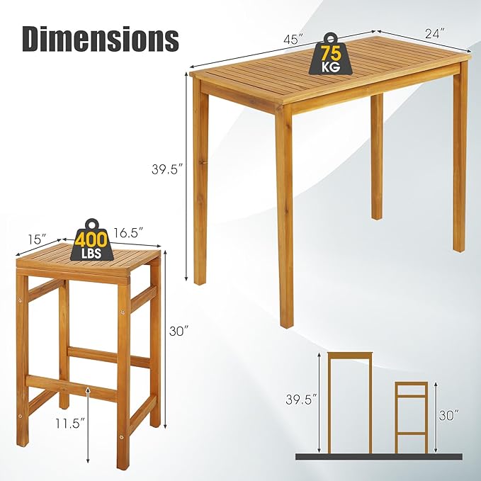Tangkula 7 Piece Outdoor Acacia Wood Bar Table Set, 45" Rectangular High Top Table with 6 Saddle Seat Bar Height Stools, Space-Saving Patio Dining Set for 6, for Deck, Garden and Porch