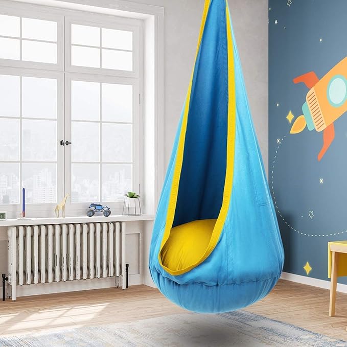 Y-STOP Kids Pod Swing Seat, Hanging Hammock Chair with Inflatable Pillow, Sensory Swing Chair with Pocket for Indoor and Outdoor (Blue Yellow)