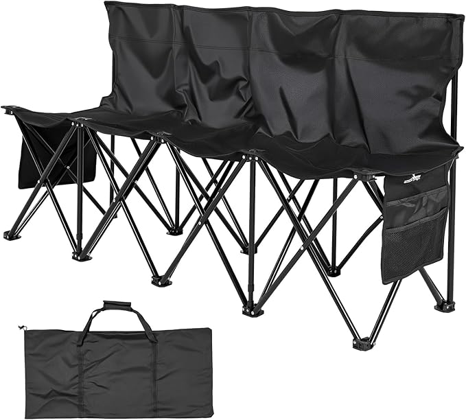 VEVOR Portable Folding Bench, 4 Seat Foldable Soccer Bench with Side Pockets and Carrying Bag, Lightweight Sideline Seating with Back Rest for Football, Baseball, Camping, Outdoor Events, Black