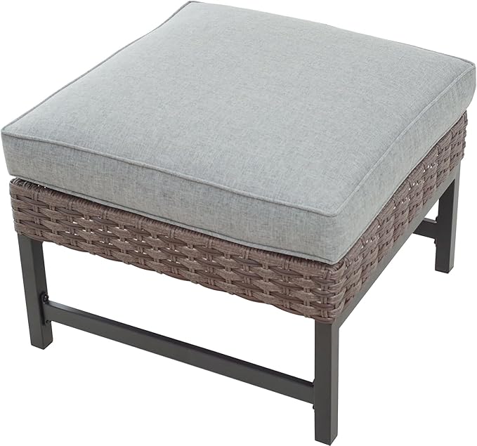 Outdoor Cushioned Ottoman Wicker Patio Furniture Ottoman with Grey Cushion Metal Steel Frame
