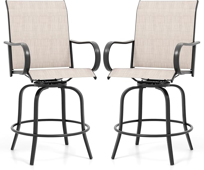 Giantex Set of 2 Swivel Outdoor Bar Stools, All-Weather Bar Height Patio Chairs, 330LBS Capacity, 360 Rotating Outside Bar Chairs with High Back Armrests, for Porch Yard Lawn Garden Pool (Grey)