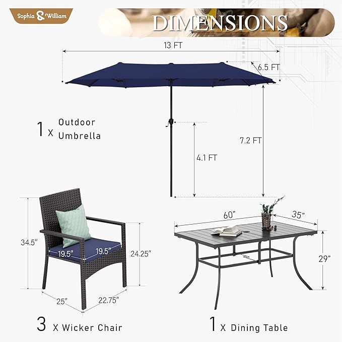 Sophia & William Patio Outdoor Table and Chairs Set with Umbrella Navy, Patio Dining Sets for 6, 7 Pieces Patio Table Set for Backyard Deck Porch Outside, Metal Table with Cushioned Rattan Chairs