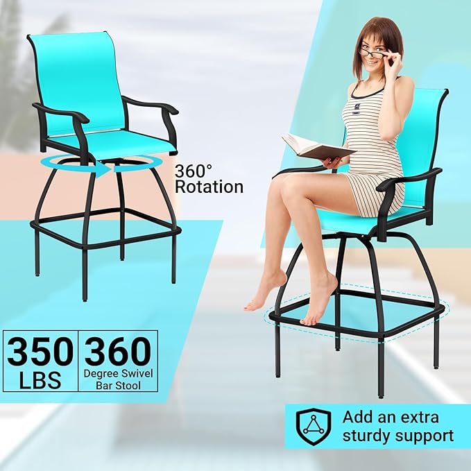 LEVELEVE Patio Bar Set 2pcs Swivel Bar Stools Outdoor Bistro Textilene Furniture Stability All-Weather Set (2, Lake Blue Padded)