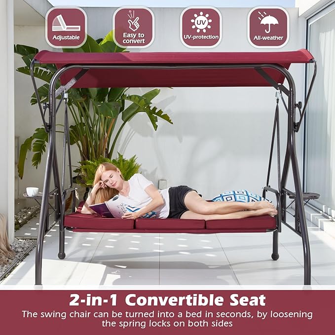800LBS Patio Swing with Canopy 3 Seat Outdoor Porch Swing with Stand w/Cup Holder & Pillow Glider Chair Swing Bed for Patio Backyard Poolside (Red)