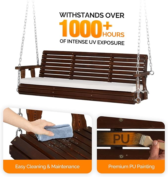 VINGLI Wooden Porch Swing, Heavy Duty 880 LBS Hanging Patio Bench with Extra Cushion for Lawn| Garden| Courtyard (Rustic, 5 feet)