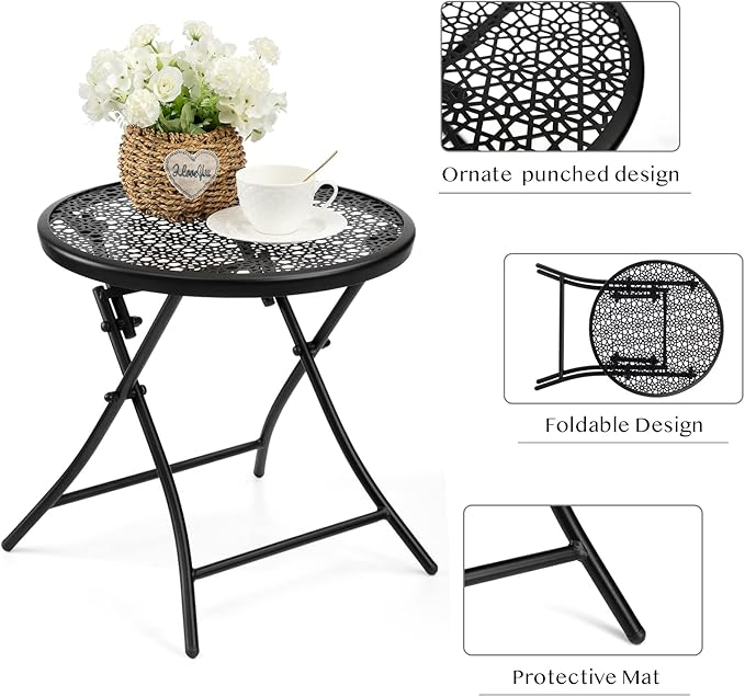 TeoKJ Folding Outdoor Side Tables, Anti Rust Small Patio Table Round Metal Nightstand with Flower Cutouts for Porch Yard Balcony Deck Lawn, Set of 2, Black