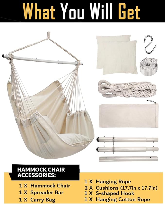 ADVOKAIR Hammock Chair Swing, Heavy-Duty Hanging Rope Swing Seat Supports 500 Lbs, Ideal for Outdoor Patio, Backyard, Porch, Deck & Indoor Bedroom Use