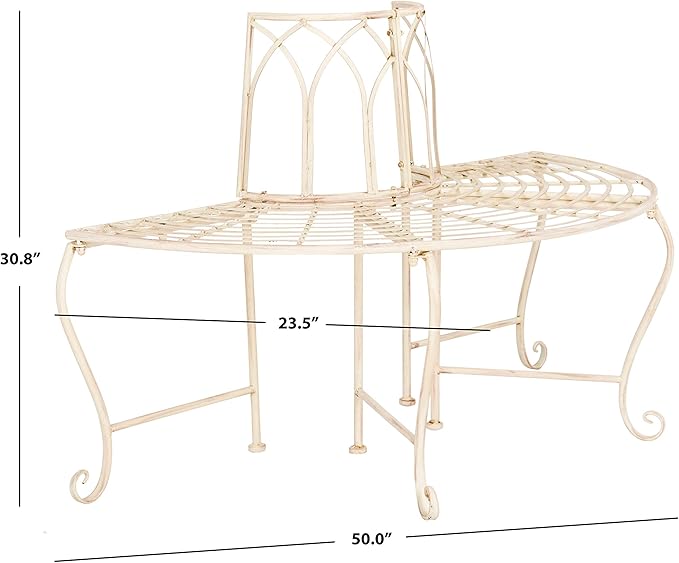 SAFAVIEH Outdoor Furniture Collection – Abia Antique White Distressed Wrought Iron 50-Inch Curved Tree Bench, Garden & Patio Seating (PAT5018A)
