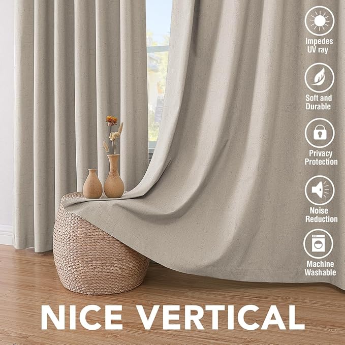 H.VERSAILTEX Linen Curtains 100% Blackout Curtains for Bedroom 102 inch Long Full Light Blocking Nature Linen Blended Window Curtains for Living Room Nickel Grommet (2 Panels, Cobblestone)