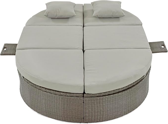 Merax Outdoor Sun Bed Patio 2-Person Daybed with Cushions and Pillows, Rattan Garden Reclining Chaise Lounge with Adjustable Backrests and Foldable Cup Trays for Lawn, Poolside, Grey