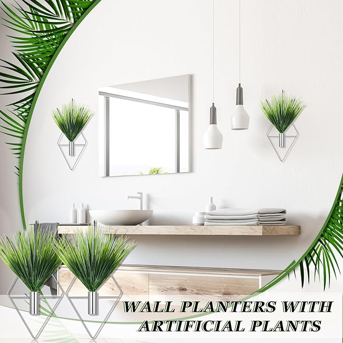 2 Pieces Wall Decor Hanging Planters with Artificial Plants Metal Hanging Vase Indoor Plants Holder Modern Boho Wall Art for Bathroom Bedroom Living Room Decor(Silver,Aquatic Plant)