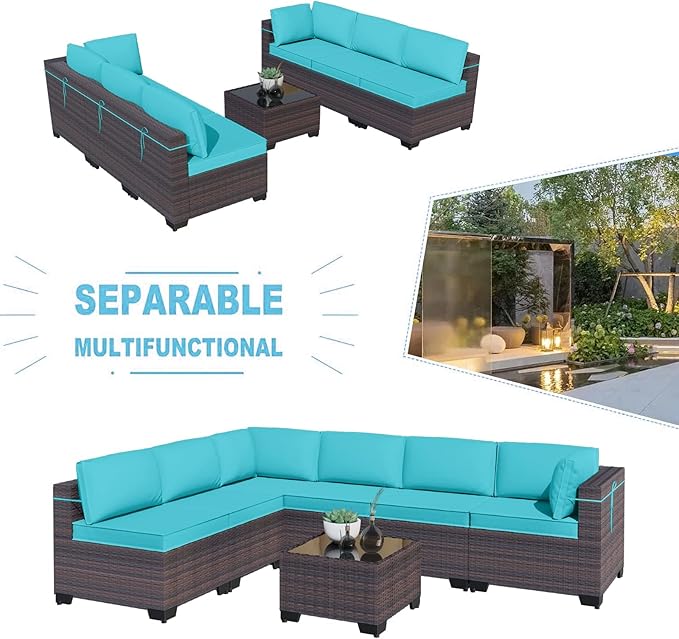 Kullavik 7 Pieces Outdoor Patio Furniture Set,Sectional Rattan Sofa Set Brown PE Rattan Wicker Patio Conversation Set with Tempered Glass Coffee Table and Washable Cushions Covers,Turquoise Blue
