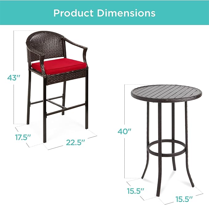 Best Choice Products 3-Piece Patio Bar Table Set, Outdoor Wicker Bar Height Bistro Furniture for Backyard, Poolside, Balcony w/Barstools, Cushions, Steel Frame – Brown/Red