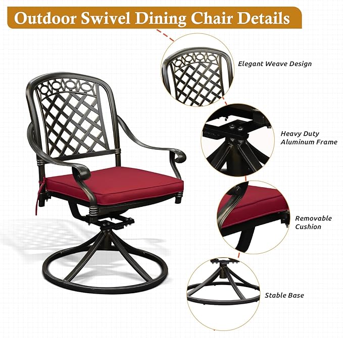Cast Aluminum Outdoor Patio Dining Set, All Weather Outdoor Furniture Dining Set for Patio, Balcony, Lawn, Garden, Backyard (1 Round Table+4 Red Swivel Dining Chairs)