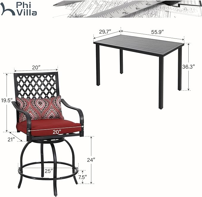 PHI VILLA 5 Piece Patio Bar Height Dining Set, 4 Outdoor Counter Height Swivel Bar Stools with Red Cushion and 1 Long 4-6 Person Metal High Top Bar Table for All Weather