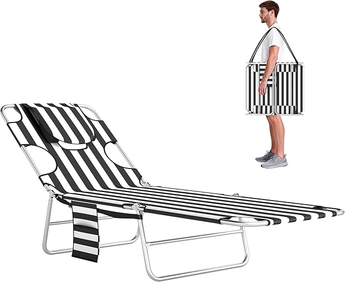 Outsunny Chaise Lounge Chair Outdoor with Face Arm Hole, 5-Position Reclining Face Down Tanning Chair with Carry Strap, Side Pocket, Portable Folding Bed Cot for Patio Beach Pool, Black Stripe