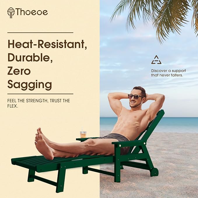 Patio Chaise Lounge Chair, Oversized Lounge Chair Outdoor with 5 Positions, HDPE, Patio Lounge Chair with Wheels & Cup Holder for Pool, Deck, Poolside,Green