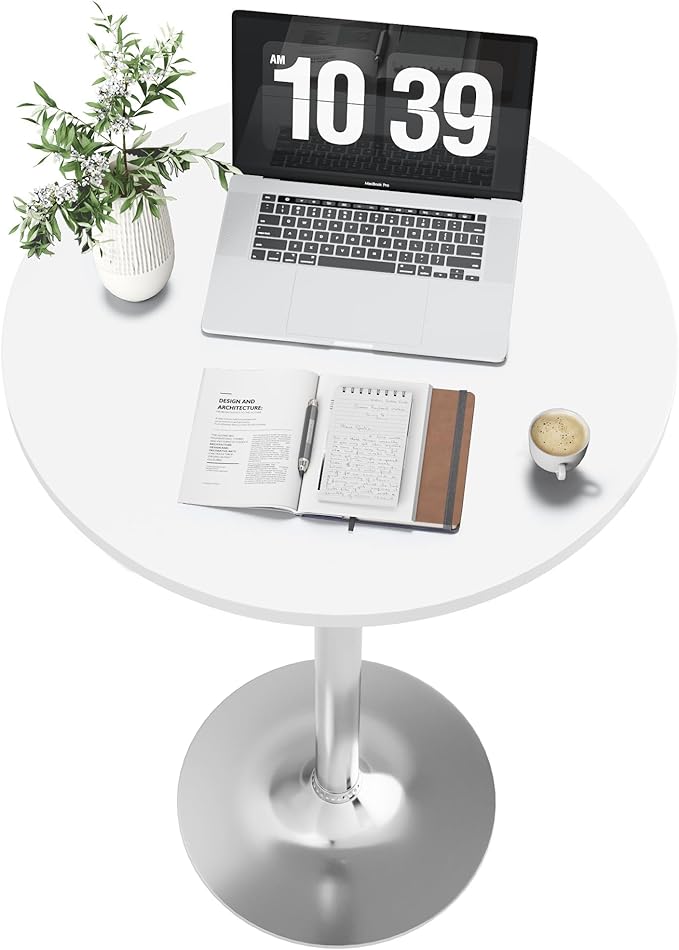 Flamaker Round Bistro Pub Table Modern Style Metal Base MDF Top Cocktail Bar Table Counter Bar Height for Pub, Dining Room, Party (2, White-Silver)