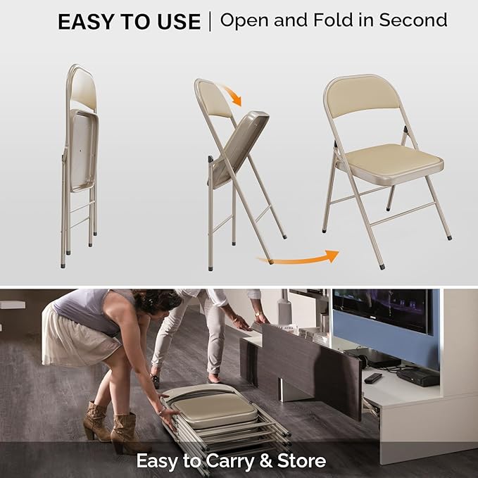 VINGLI 6 Pack Folding Chairs with Padded Seats, Metal Frame with Pu Leather Seat & Back, Capacity 350 lbs, Set of 6, Khaki