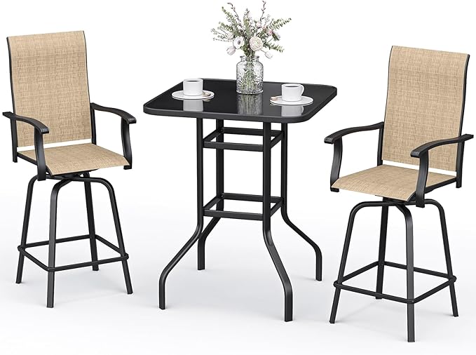 3-Piece Patio Bar Set with Textilene Swivel Bar Stools, All-Weather Bar Height Tempered Glass Table and Chairs for Lawn, Garden, Balcony, Deck, Backyard, Rustproof Frame-Light Brown