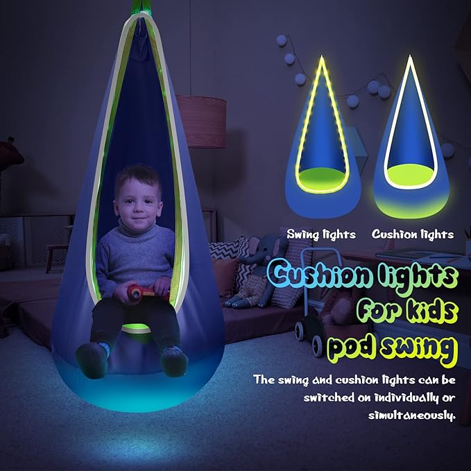 Light Up Kids Pod Swing Seat, Upgraded Kids Hanging Hammock Swing with LED Lights, Cotton Sensory Pod Swing Chair with Inflatable Pillow, Pod Swing for Kids Indoor & Outdoor (1 PCS) (Blue)