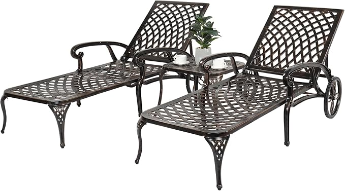 VINGLI Cast Aluminum Outdoor Chaise Lounge Chair with Wheels, Patio Chaise Lounge with 3-Position Adjustable Backrest, Tanning Chair Reclining Chair for Poolside (Bronze, Without Cushion)