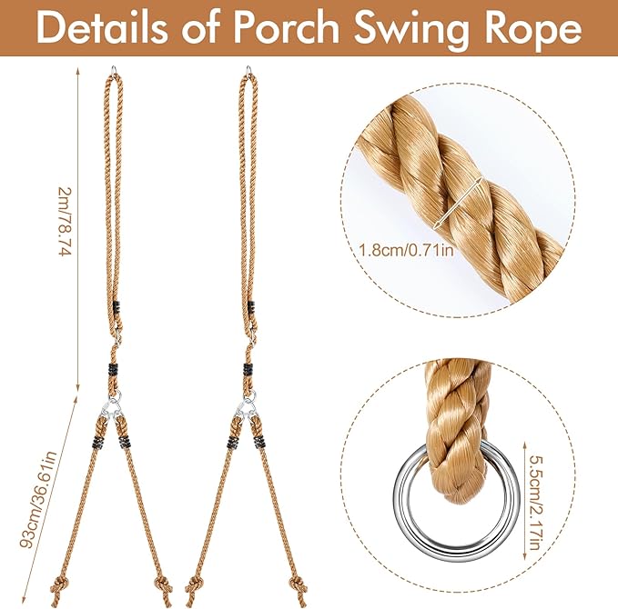 2 Pack Porch Swing Rope Kit Swing Bed Straps Holds 800 lbs Adjustable Polypropylene Rope Heavy Duty Claws for Porch Garden Playground(118 Inches, 9.84ft)