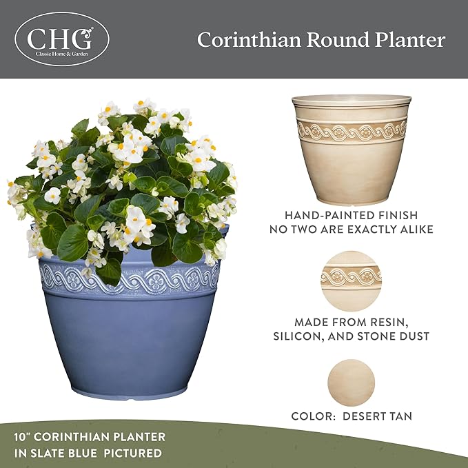 Classic Home and Garden Corinthian Round Planter, 8", Desert Tan (3 Pack)