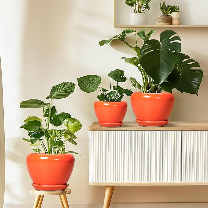Ceramic Plant Pot 6 Inch - Ceramic Planter for Indoor Plants Outdoor, Glaze Round Modern Flower Pot with Drainage Hole and Saucer, Gift for Plant Lover, Home Garden Room Decor, Orange