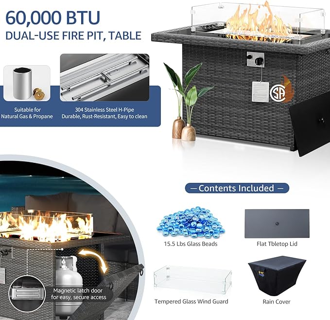 NICESOUL 11 Piece Outdoor Sectional with Fire Pit Table, 29.3'' High Back Rattan Patio Furniture Set with Firepit & Chaise Lounge, Large Deep Outdoor Sectional, 2 Color Cushion Navy Blue & Grey