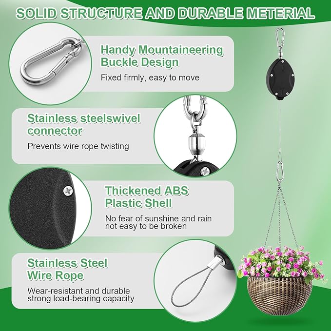 3 Pack Heavy Duty Retractable Plant Hangers Adjustable Pulleys with 63" Pull-Down Design Stainless Steel Rope Double-Headed Hooks for Hanging Baskets Bird Feeders Planters and Pots Supports up to 45lb