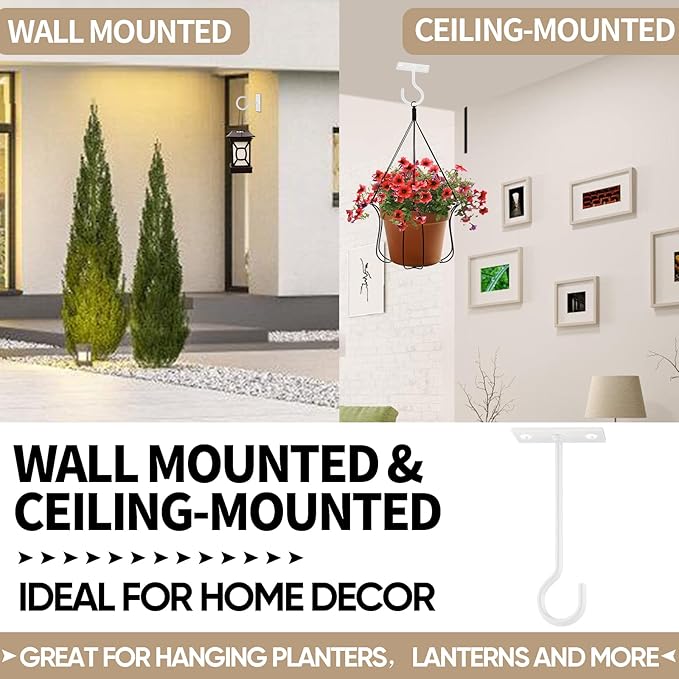 Plant Hooks for Hanging Plant Bracket 6inch Metal Plant Hanger Decorative Wall-Plant Wall Hanger for Hanging Lanterns, Bird Feeder, Flower Basket, Home Decor Indoor & Outdoor 4 Pack(White)