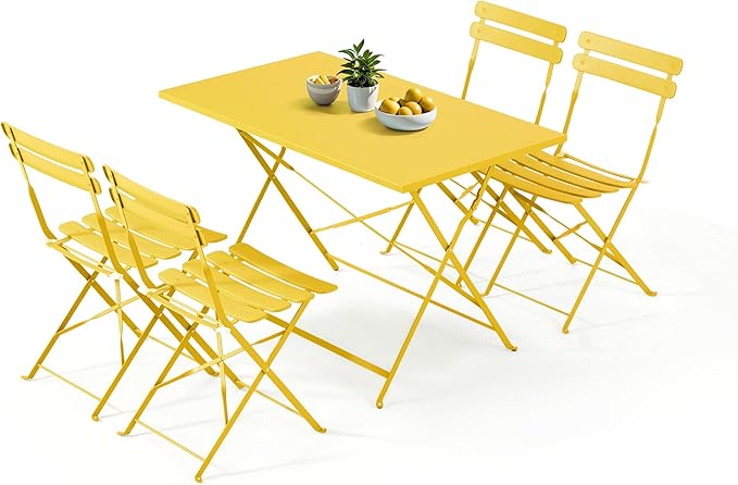 MELLCOM 5-Piece Foldable Patio Dining Set with Rectangular Table and Chairs, Weather-Resistant Iron Outdoor Dining Set for 4 People, Outdoor Table and Chairs for Patio, Yard, Indoor, Yellow