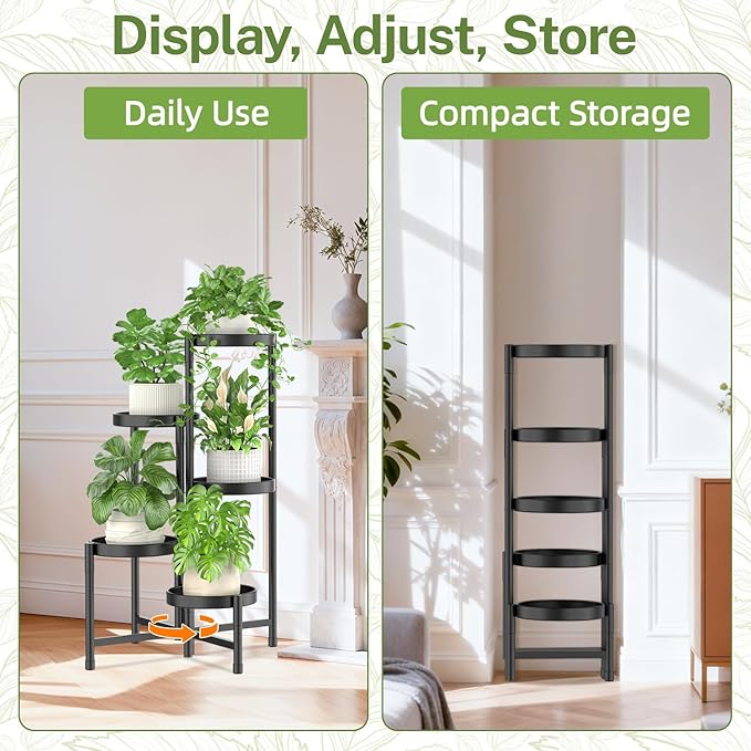 iDavosic.ly Plant Stand Indoor with Grow Light, 5 Tier Corner Metal Flower Display Holder Shelf, Easy Assembly Folding Tall Orchid Rack for Patio Balcony Porch Garden Living Room House, Black