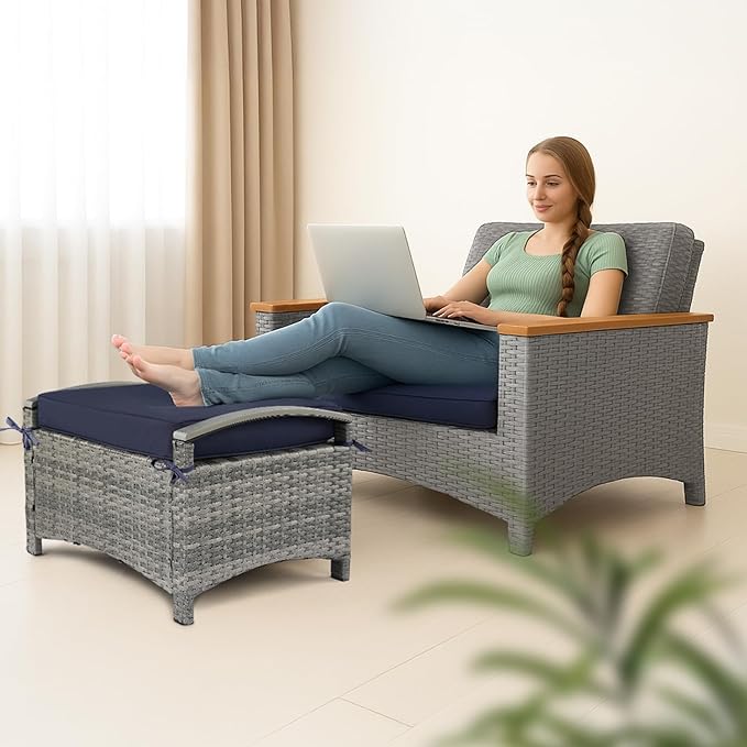 VINGLI Wicker Outdoor Ottoman Set of 2, All Weather PE Rattan Footstool for Patio w/Removable Cushions, Waterproof Rattan Foot Rest for Garden, Balcony, Poolside (Grey)