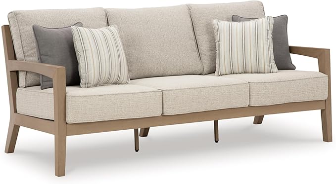 Signature Design by Ashley Hallow Creek Cottage Nuvella Weather Resistant Fabric Outdoor Sofa with Cushion and 4 Throw Pillows, Light Brown & Beige