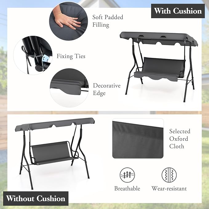Porch Swing Outdoor, 3 Person Patio Swing w/Removable Cushion, Stand & Adjustable Canopy, Heavy Duty Swing Chair for Patio, Garden, Courtyard, Poolside