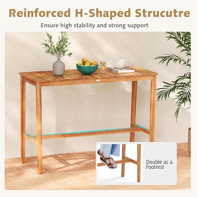 Tangkula Patio Bar Table, 54” x 22” Acacia Wood Counter Height Table with Slatted Tabletop & Footrest Crossbar, Rectangle High Top Table for Backyard, Poolside, Balcony