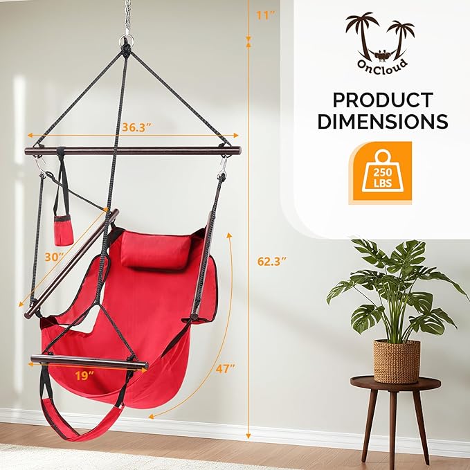 ONCLOUD Upgraded Unique Hammock Hanging Sky Chair, Air Deluxe Swing Seat with Rope (Red)
