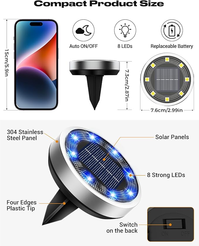 btfarm 16 Pack Solar Lights Outdoor, 8 LED Solar Ground Lights IP65 Waterproof Flat Solar Disc Light, Pathway Lights for Garden Lawn Patio Yard Path Landscape, Blue