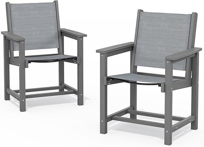 SERWALL Textilene Outdoor Dining Chair Set of 2, HDPE Frame with Textile Chair Seat, Holds up to 300 LBS, All Weather Resistant Chairs for Lawn, Garden, Yard and Poolside, Gray, Grey
