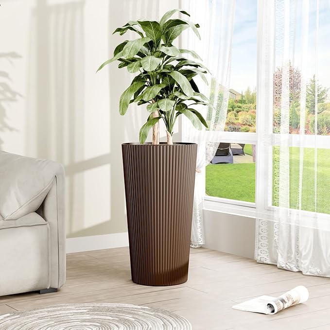 FONTOI 23.6" Tall Planter for Outdoor Plants Set of 2 Large Outdoor Plastic Striped Flower Pots, Front Porch Furniture, Garden Pots, Decorative Planters for Indoor/Outdoor, Patio, Balcony, Brown