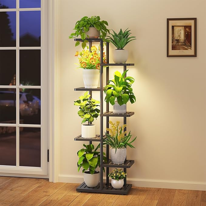 iDavosic.ly Plant Stand with Grow Light Indoor Outdoor, 6-Tier Tall Metal Flower Shelf for Heavy-Duty Large Planters, Corner Orchid Display Rack for Living Room Balcony Patio Porch, Modern Black