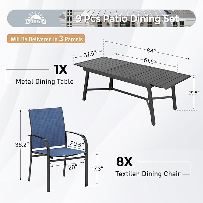 9 Piece Patio Dining Set for 8, Rectangular Extendable Dining Table, 8 Metal Blue Chairs, Outdoor Table and Chairs Set for Lawn Backyard and Deck