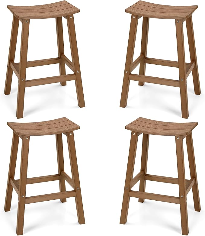 Weatherproof Bar Stools Set of 4, 28" Height Outdoor Bar Stools Holds up to 400 lbs, Saddle Seat, Bar Height Stools for Patio, Garden, and Kitchen Island, Teak
