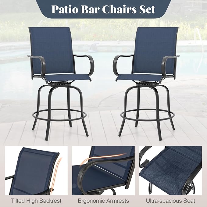 Giantex Set of 4 Swivel Outdoor Bar Stools, All-Weather Bar Height Patio Chairs, 330LBS Capacity, 360 Rotating Outside Bar Chairs with High Back Armrests, for Porch Yard Lawn Garden Pool (Navy)