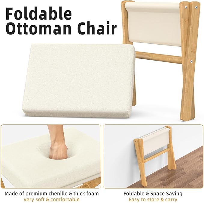Foldable Foot Stool Ottoman, Modern Foot Rest with Bamboo X Legs & Thick Foam Cushion, Folding Foot Stools Small Padded for Bedroom Living Room, Footstool for Chair Couch (Natural - Beige)
