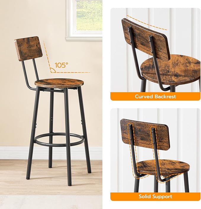 HOOBRO Bar Stools,Set of 2 Round Bar Chairs with Back,25.2" Bar Chairs for Kitchen Island, Dining Room,Counter Height Bar Stools, Easy to Assemble, Rustic Brown and Black BF32BY01G2