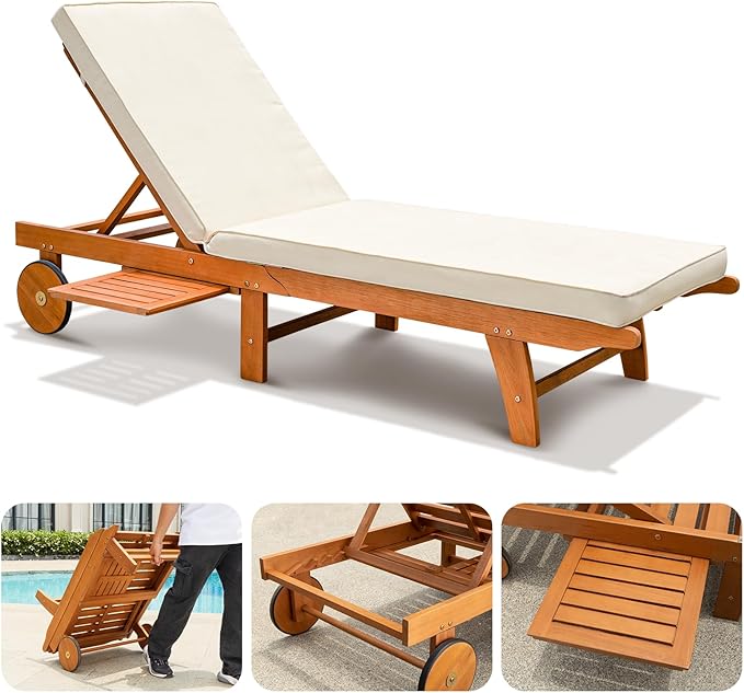 IDZO Upgraded Cushion Outdoor, 500lbs Capacity Patio Pool Loungers, Stackable and Foldable Design, Reclining Backrest, Federica Wood Chaise Lounge, Brown