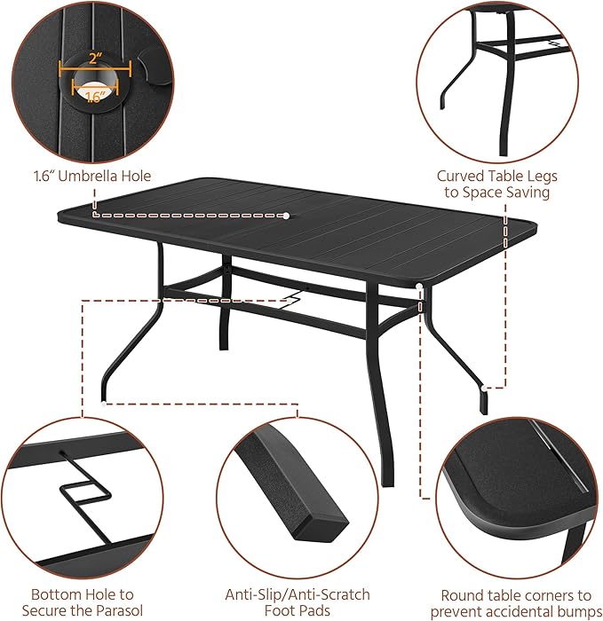 Yaheetech Outdoor Dining Table for 6 People, Rectangle Metal Slatted Patio Table with Umbrella Hole, Outdoor Furniture Garden Table for Garden Poolside, Backyard, Black